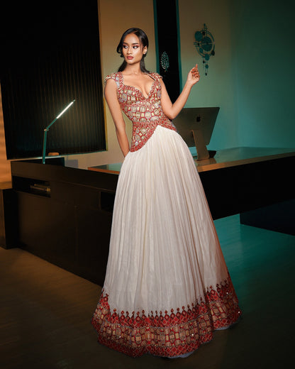 Royal Red & Gold Mosaic Corset Habesha Dress Majestic Ethiopian Clothing With Beautiful Design 1306