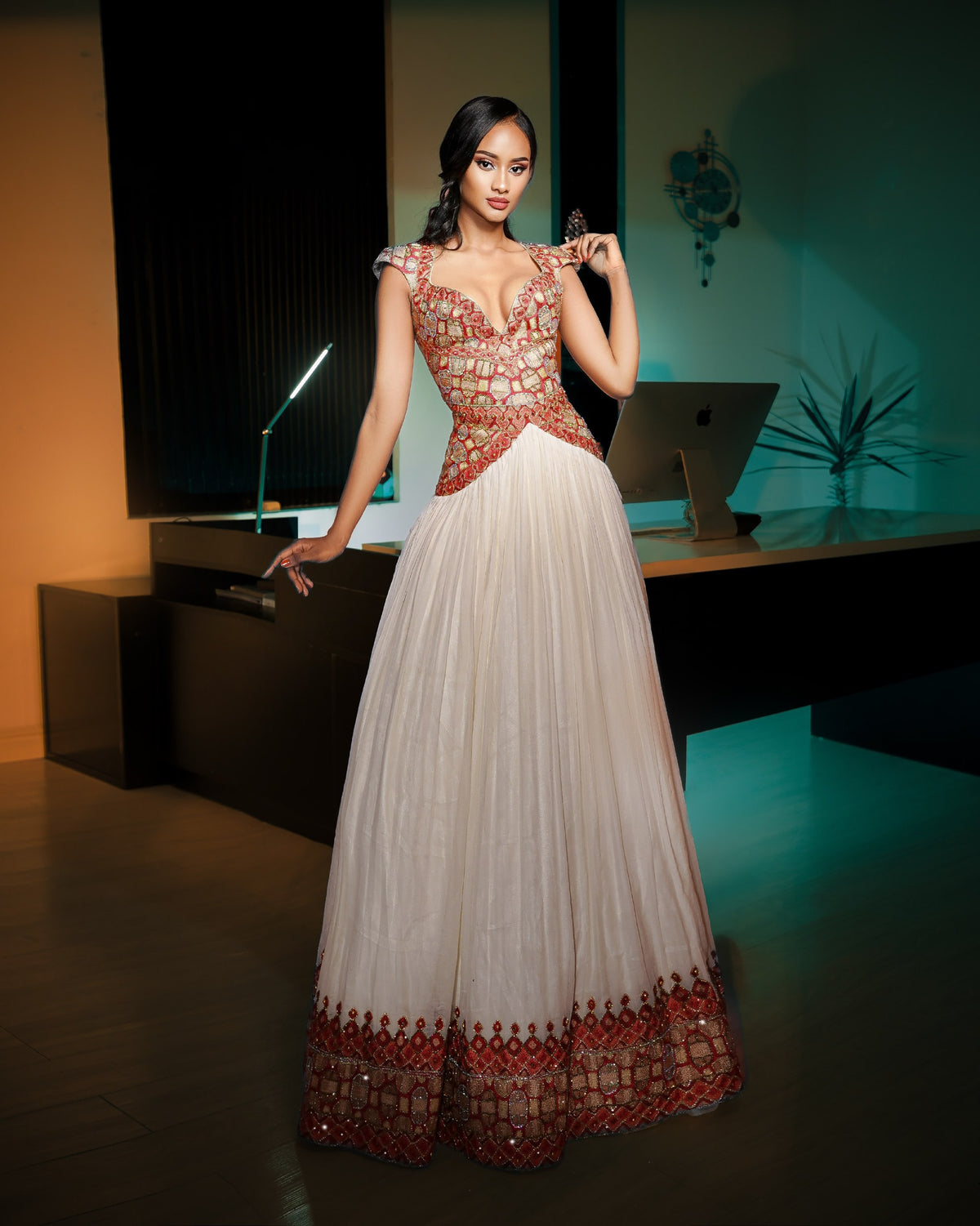 Royal Red & Gold Mosaic Corset Habesha Dress Majestic Ethiopian Clothing With Beautiful Design 1306