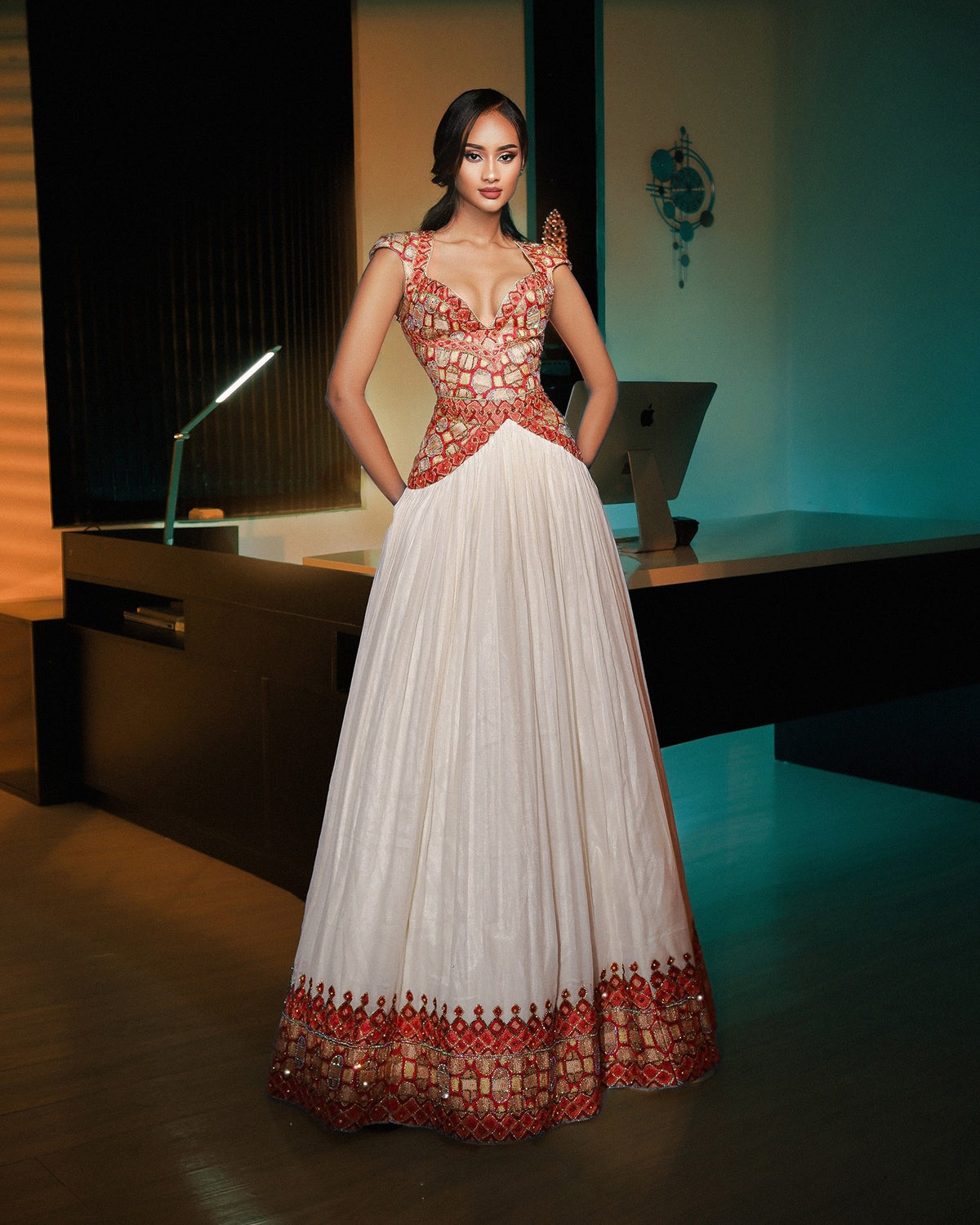 Royal Red & Gold Mosaic Corset Habesha Dress Majestic Ethiopian Clothing With Beautiful Design 1306