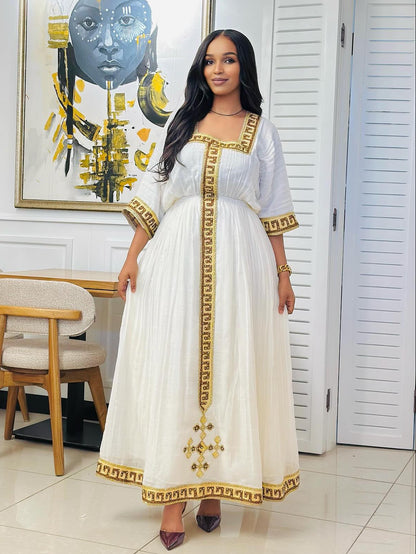 Elegant White & Gold Square-Neck Dress | Pure habesha cloth