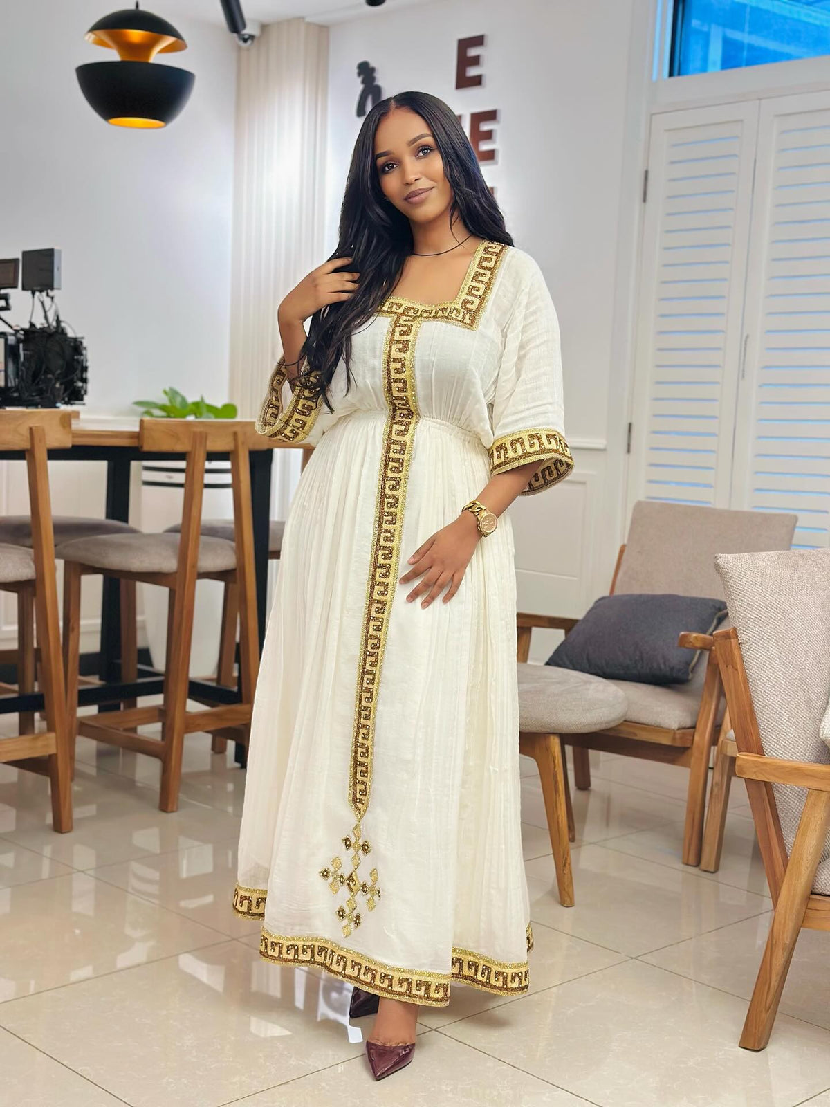 Gold Key-Pattern Ethiopian Dress Square Neck Gown with Central Embroidery & Cross Motif Habesha Kemis 1307