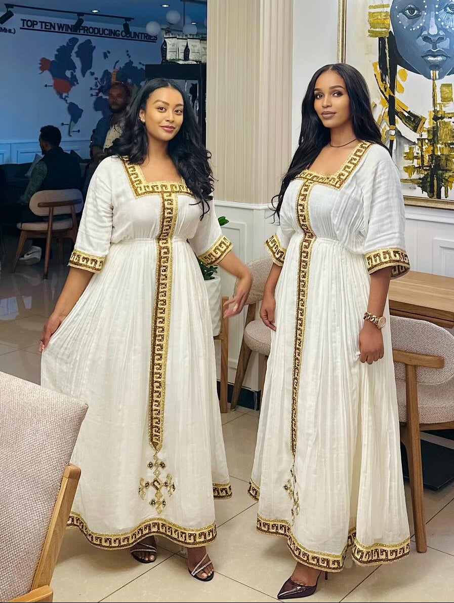 Gold Key-Pattern Ethiopian Dress Square Neck Gown with Central Embroidery & Cross Motif Habesha Kemis 1307