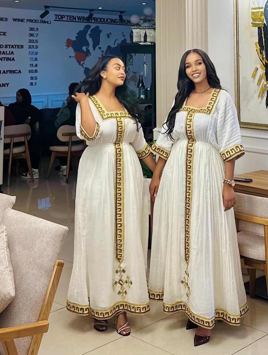 Gold Key-Pattern Ethiopian Dress Square Neck Gown with Central Embroidery & Cross Motif Habesha Kemis 1307