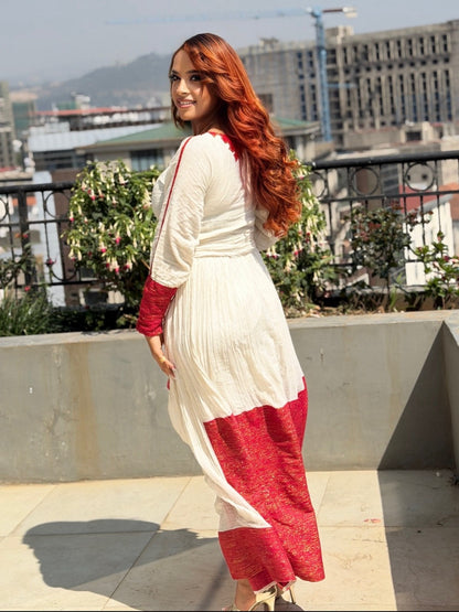 Red Embroidered Cross Motif Habesha Kemis Long-Sleeve Ethiopian traditional dress & Ethiopian dress 1308