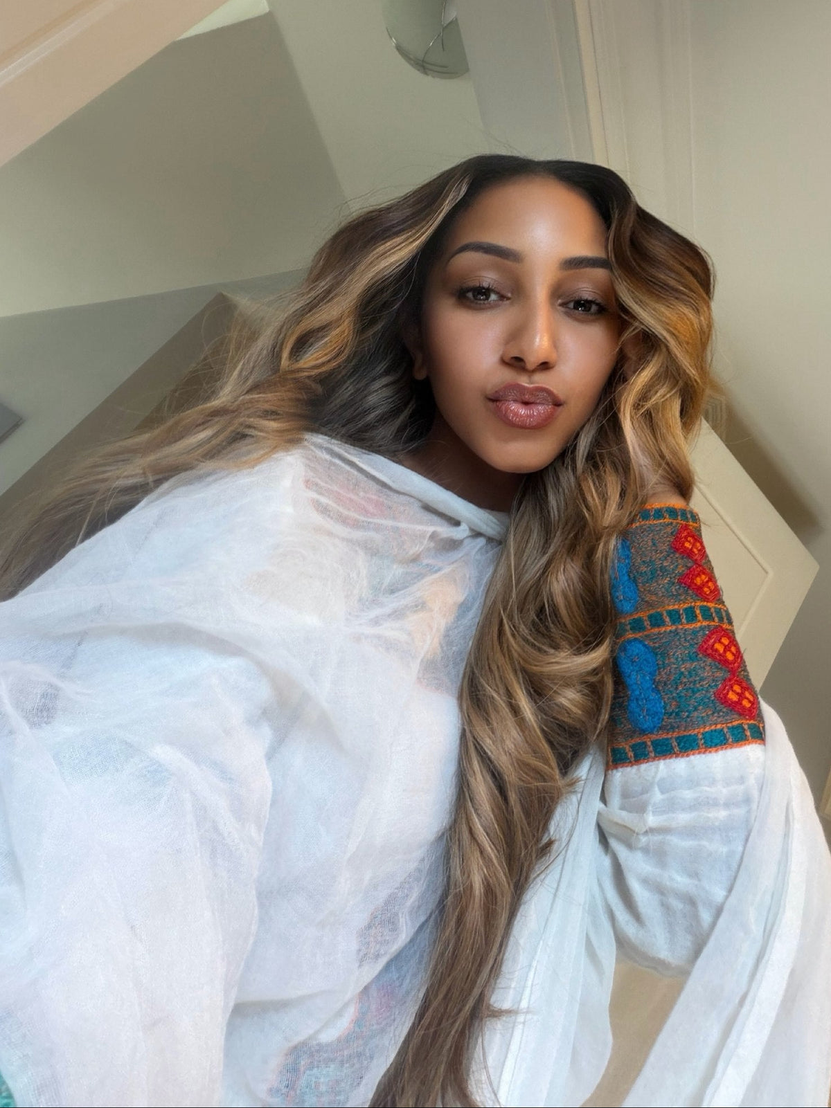 Multi-Color Geometric Habesha Dress Long-Sleeve Ethiopian Dress with Central Cross Tapestry & Netela 1309