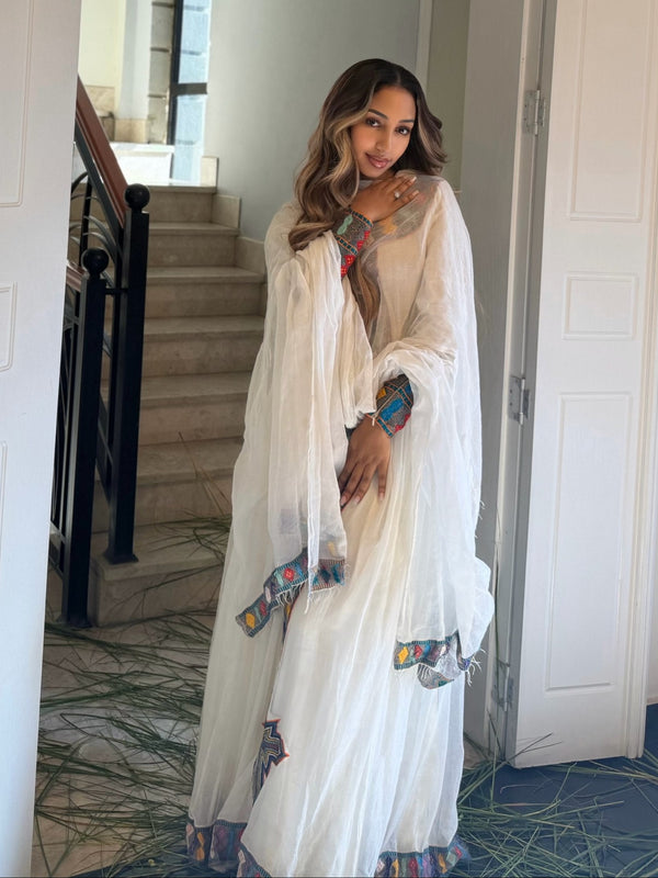 Multi-Color Geometric Habesha Dress Long-Sleeve Ethiopian Dress with Central Cross Tapestry & Netela 1309