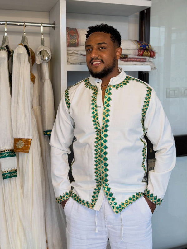 Emerald Green & Gold Embroidered Men's Shirt Habesha clothing