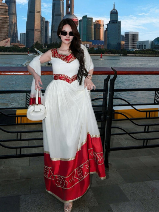 Crimson Red & Gold Embroidered Cultural Gown | Pure habesha cloth