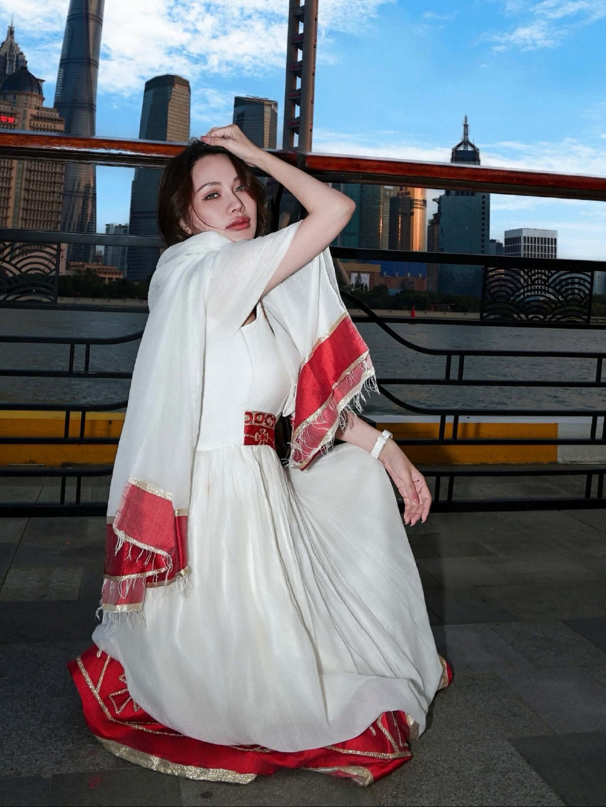 Crimson Red & Gold Chevron Sleeveless Ethiopian traditional dress Charming Habesha Kemis For Holidays 1312