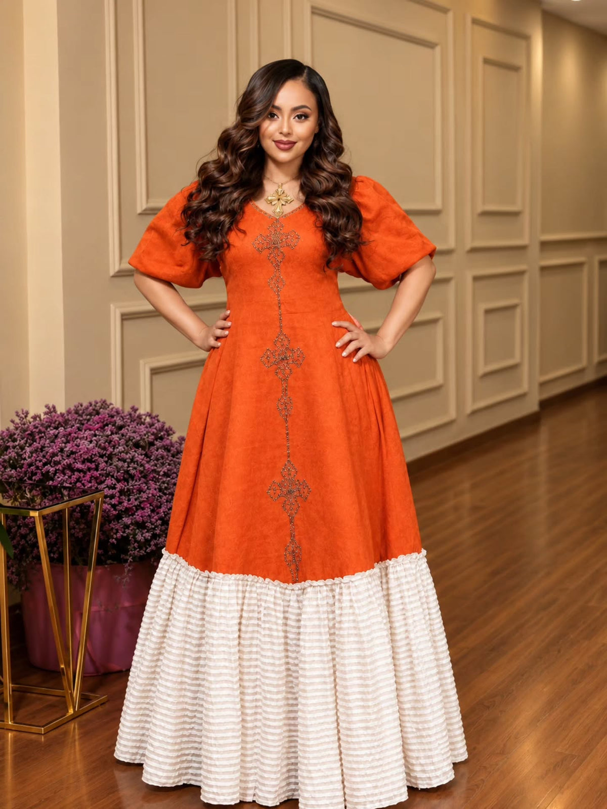 AI-Generated Short-Puff-Sleeve Burnt-Orange & Ivory Ruffled Habesha Kemis Modern Ethiopian Dress 1303