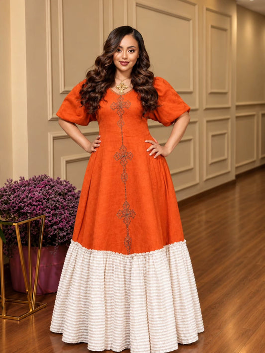 AI-Generated Short-Puff-Sleeve Burnt-Orange & Ivory Ruffled Habesha Kemis Modern Ethiopian Dress 1303