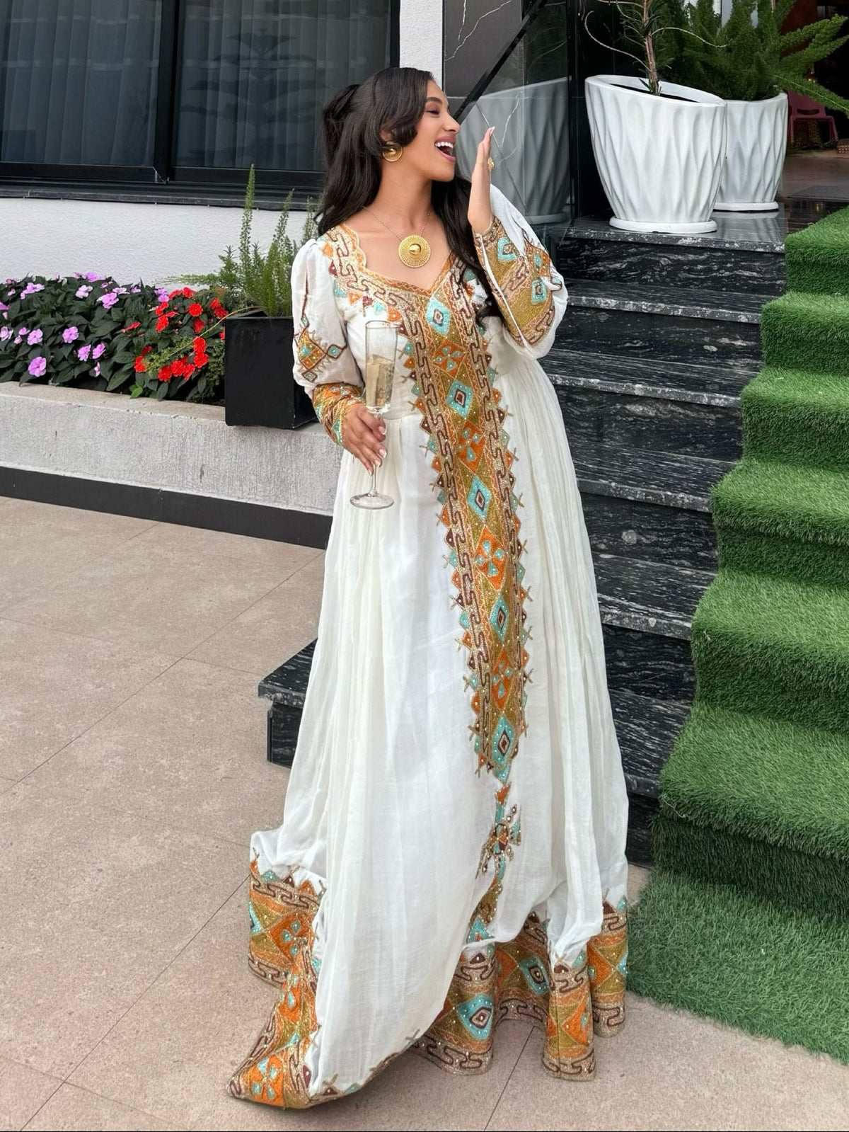 Amber & Turquoise Diamond Embroidered Cultural Gown | Pure habesha cloth