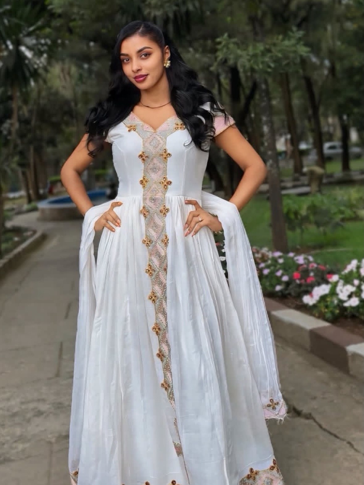 Pastel Pink & Gold Embroidered Cultural Ethiopian Clothing 
