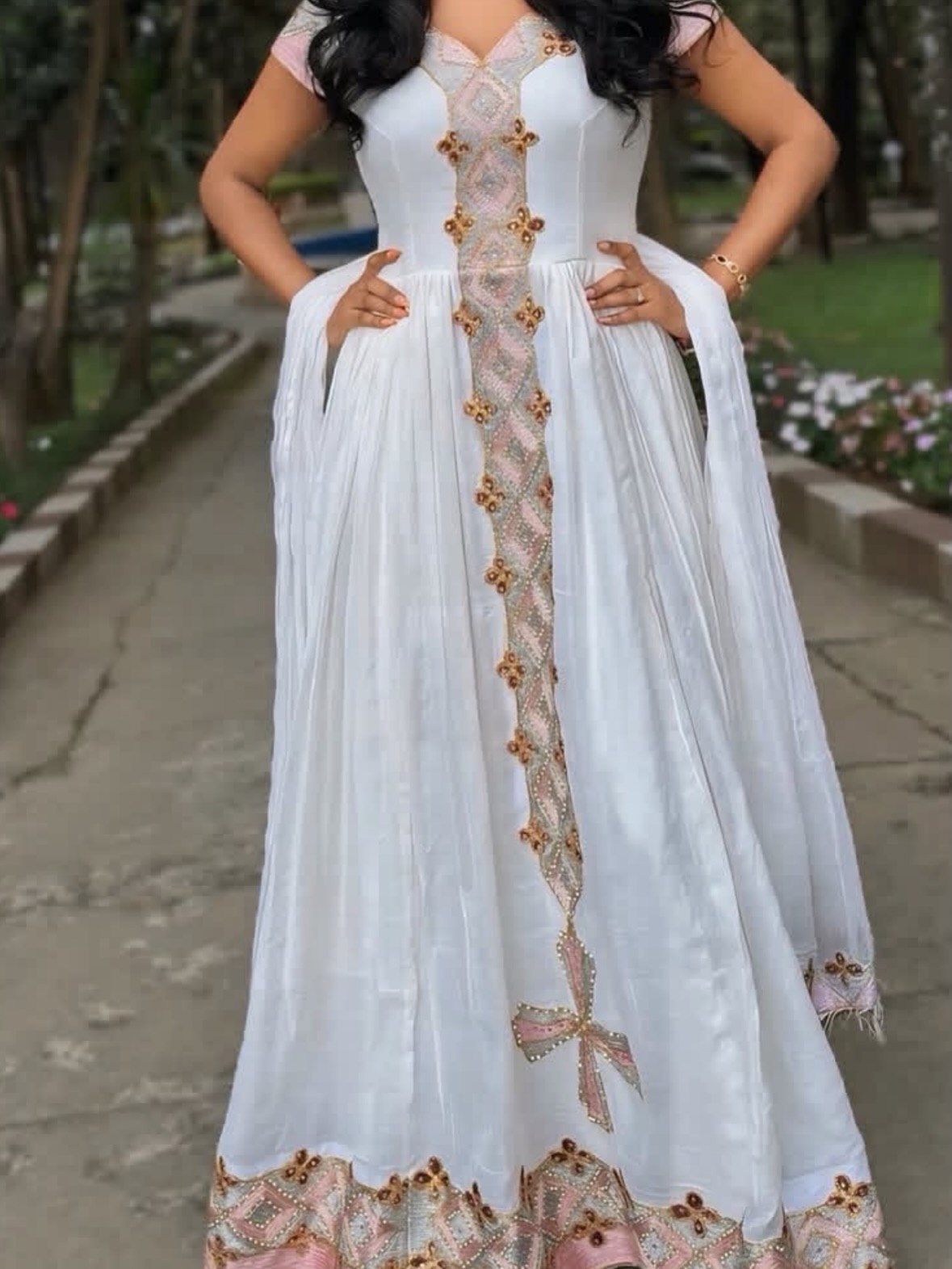 Pastel Pink & Gold Short-Sleeve Habesha Dress Central Cross Panel & Netela Ethiopian traditional dress 1317