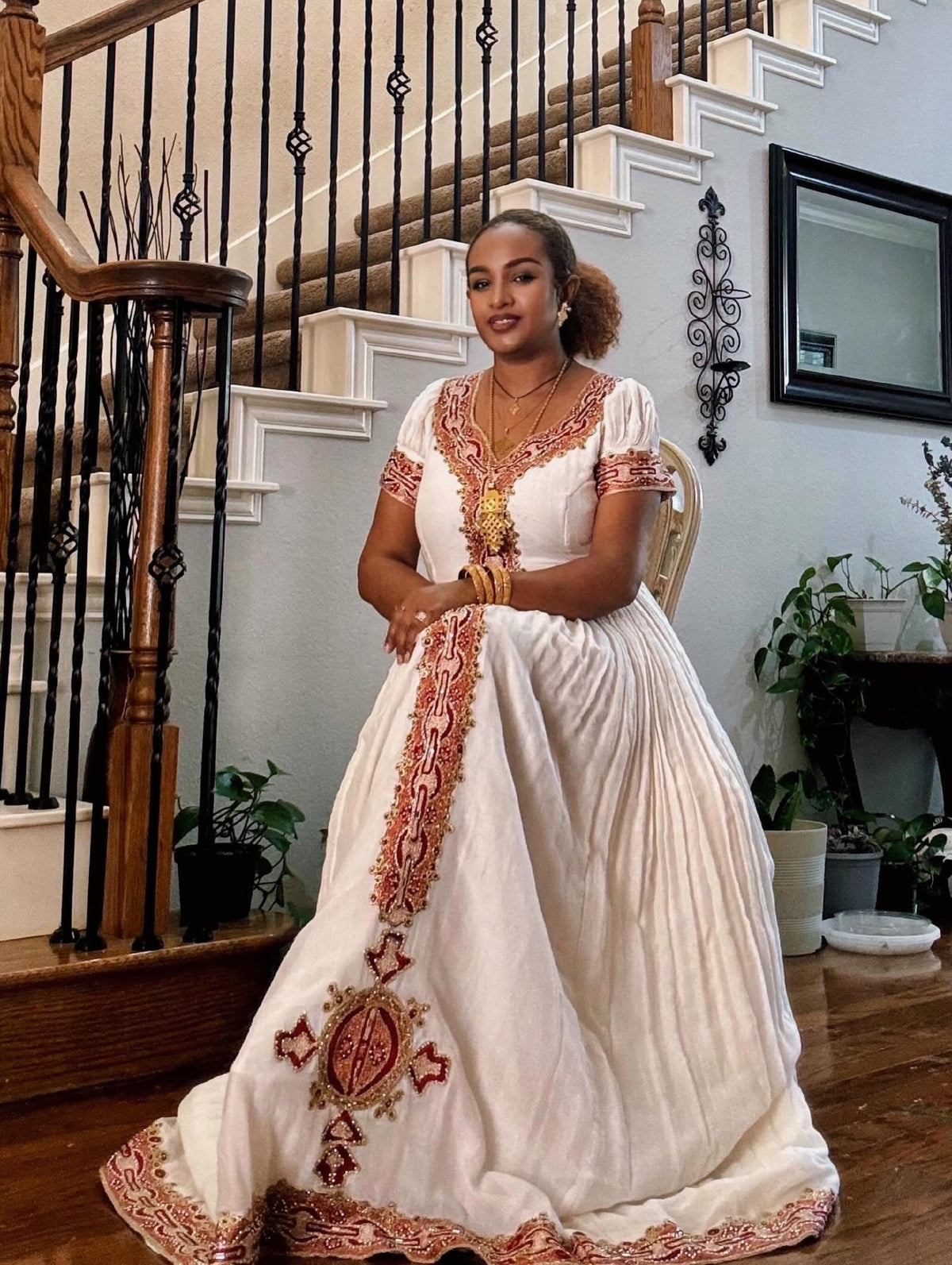 Rust Red & Gold Embroidered Cultural Habesha Kemis For Event 