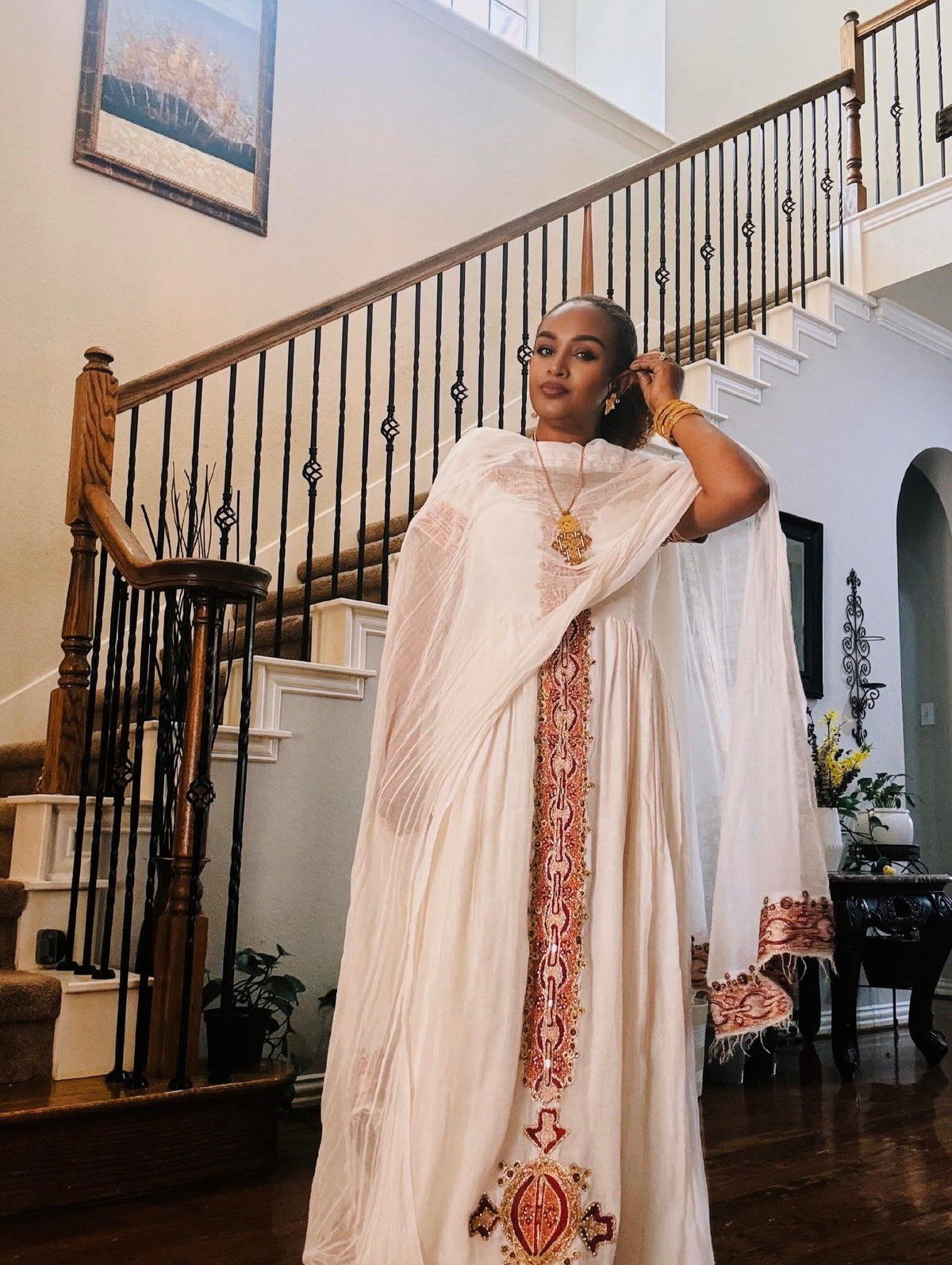 Ethiopian traditional dress Royal Rust Red & Gold Embroidered Short-Sleeve Habesha Kemis with Central Cross Motif 1318