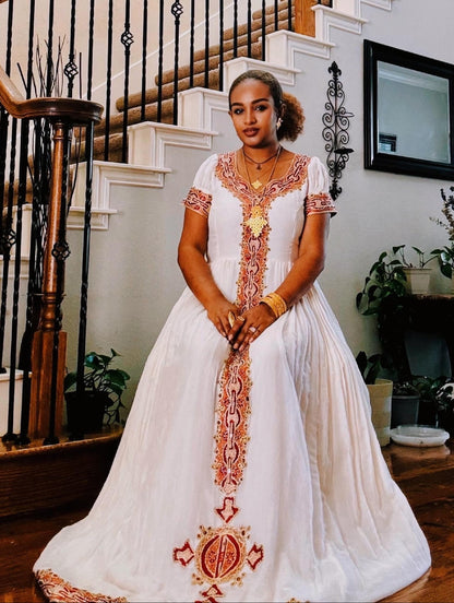 Ethiopian traditional dress Royal Rust Red & Gold Embroidered Short-Sleeve Habesha Kemis with Central Cross Motif 1318