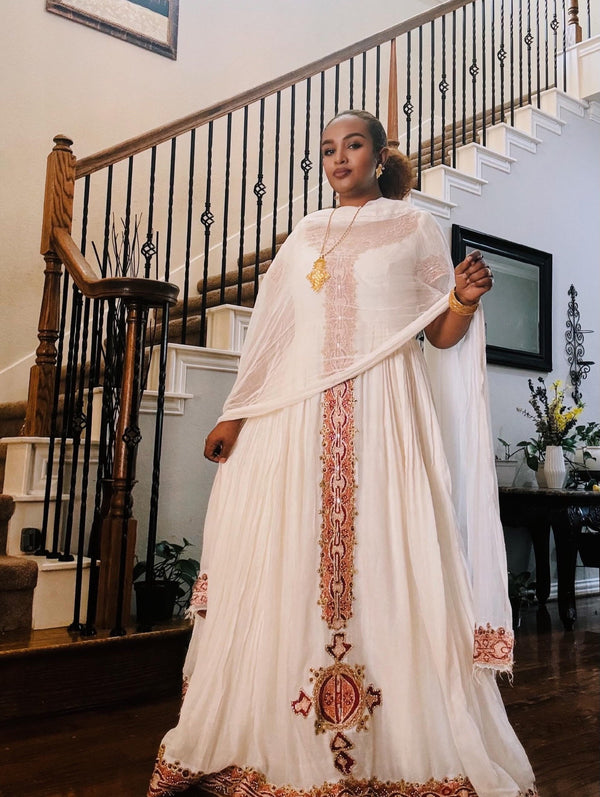 Ethiopian traditional dress Royal Rust Red & Gold Embroidered Short-Sleeve Habesha Kemis with Central Cross Motif 1318