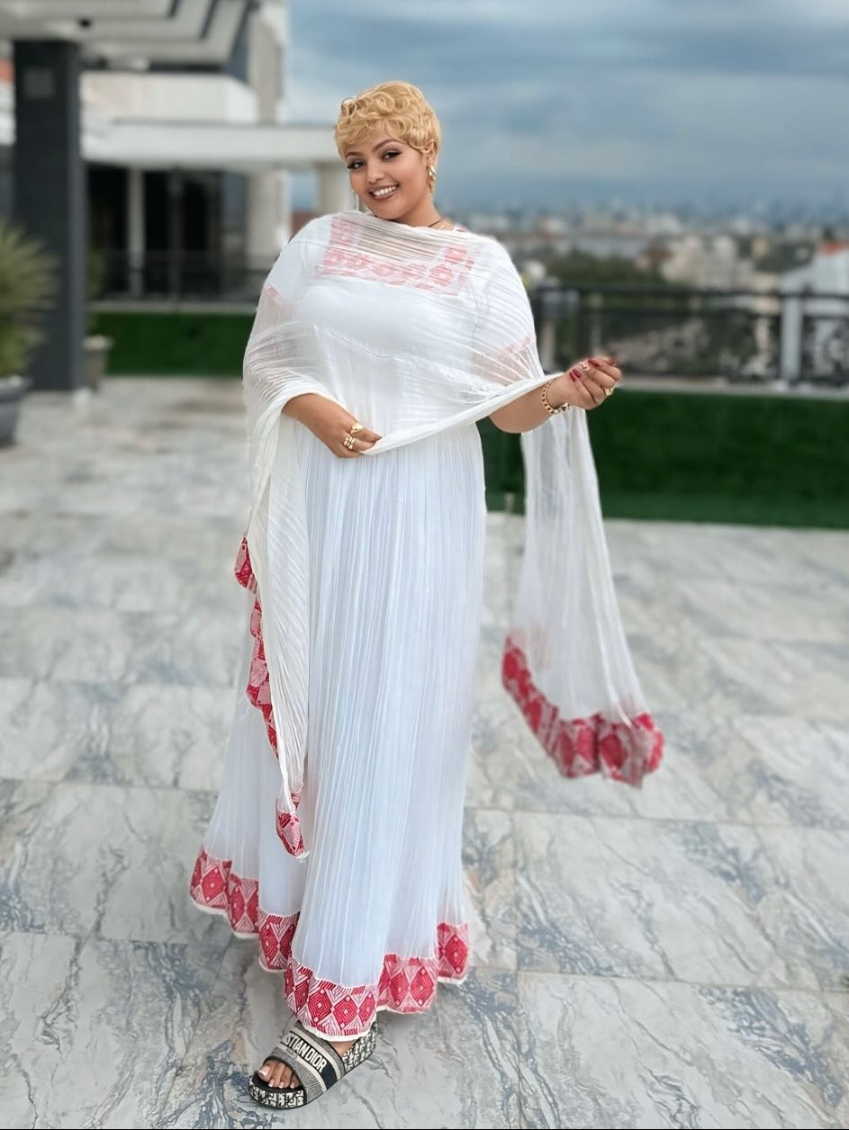 Short Sleeve Habesha Kemis with Pink Embroidery  Ethiopian Traditional With Stylish Details Stunning Habesha Dress 1319