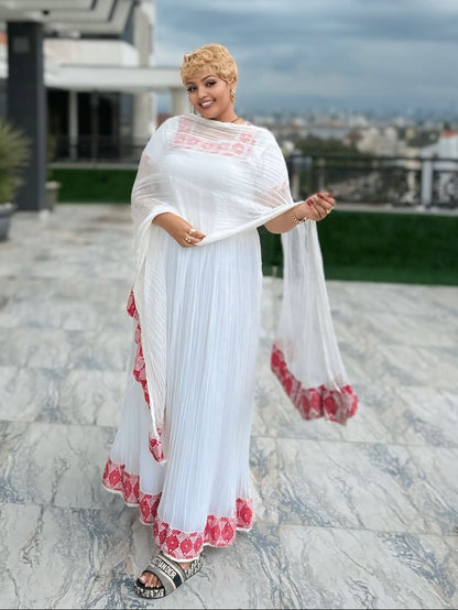 Short Sleeve Habesha Kemis with Pink Embroidery  Ethiopian Traditional With Stylish Details Stunning Habesha Dress 1319