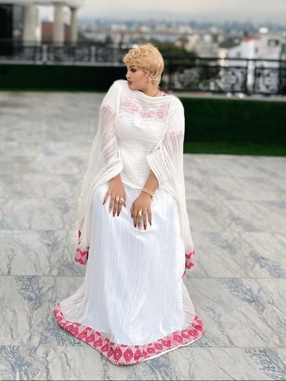 Short Sleeve Habesha Kemis with Pink Embroidery  Ethiopian Traditional With Stylish Details Stunning Habesha Dress 1319