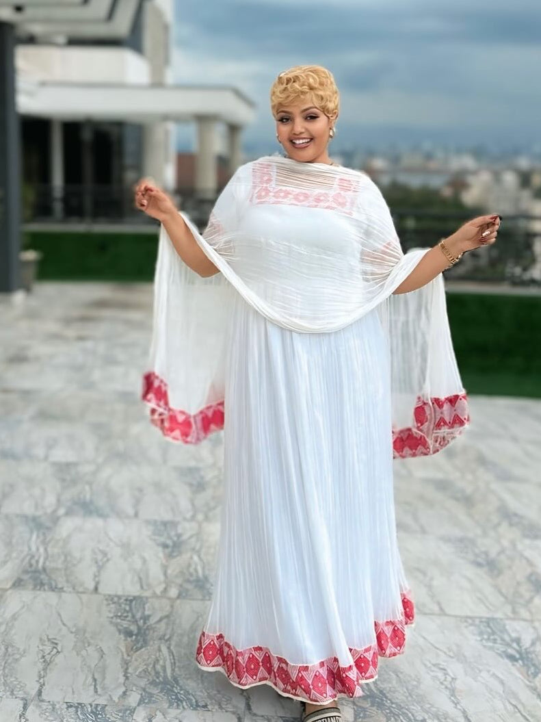 White Habesha Kemis with Pink Embroidery Ethiopian Traditional Fashion