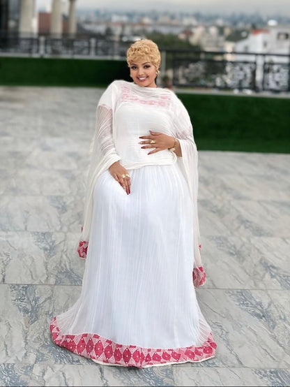 Short Sleeve Habesha Kemis with Pink Embroidery  Ethiopian Traditional With Stylish Details Stunning Habesha Dress 1319