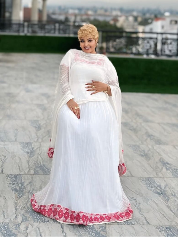Short Sleeve Habesha Kemis with Pink Embroidery  Ethiopian Traditional With Stylish Details Stunning Habesha Dress 1319