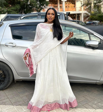 Ethiopian traditional dress Elegant Sleeveless Habesha Dress with Dusty Rose Geometric Woven Hem & Netela 1320