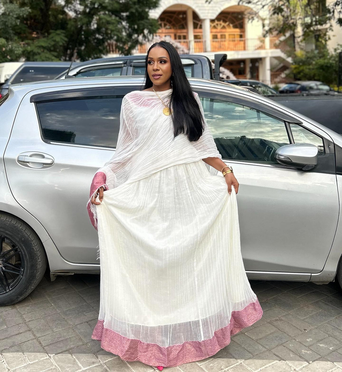 Ethiopian traditional dress Elegant Sleeveless Habesha Dress with Dusty Rose Geometric Woven Hem & Netela 1320