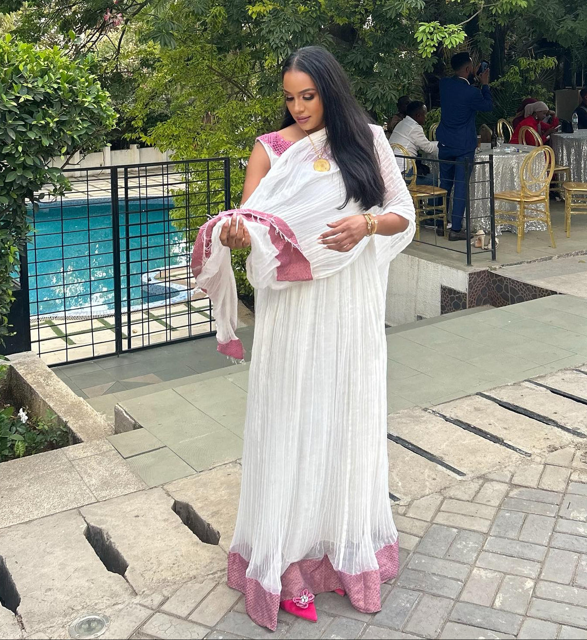 Dusty Rose Geometric Woven Cultural Gown | Pure habesha cloth