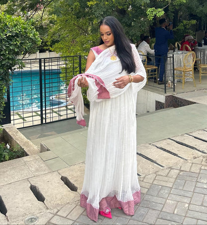 Dusty Rose Geometric Woven Cultural Gown | Pure habesha cloth