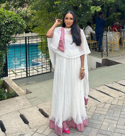 Ethiopian traditional dress Elegant Sleeveless Habesha Dress with Dusty Rose Geometric Woven Hem & Netela 1320