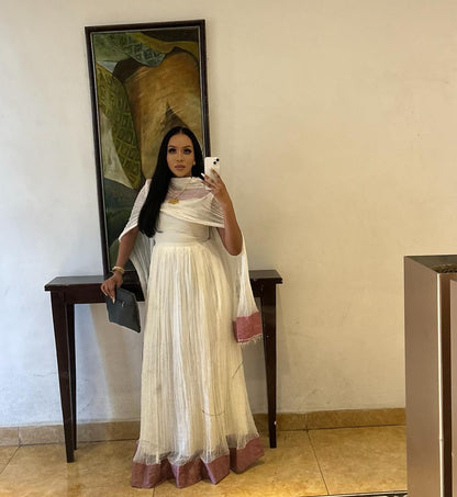 Ethiopian traditional dress Elegant Sleeveless Habesha Dress with Dusty Rose Geometric Woven Hem & Netela 1320