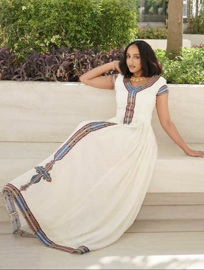 Ethiopian traditional dress Blue & Burgundy Geometric Short-Sleeve Gown with Central Cross Tapestry 1321