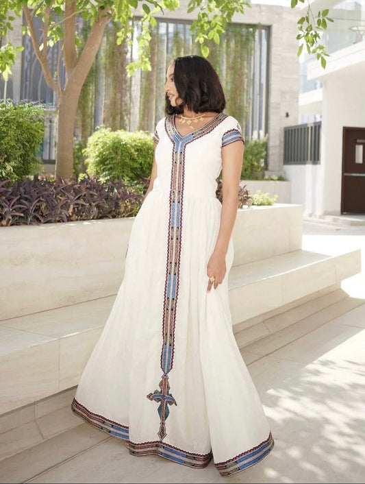 Blue & Burgundy Embroidered Cultural Gown Charming Habesha Kemis 