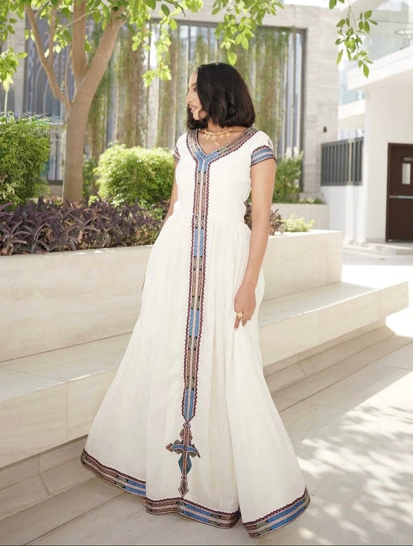 Blue & Burgundy Embroidered Cultural Gown Charming Habesha Kemis 