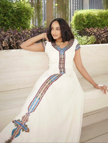 Ethiopian traditional dress Blue & Burgundy Geometric Short-Sleeve Gown with Central Cross Tapestry 1321
