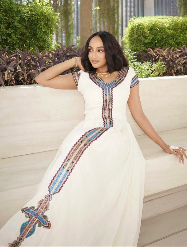 Ethiopian traditional dress Blue & Burgundy Geometric Short-Sleeve Gown with Central Cross Tapestry 1321