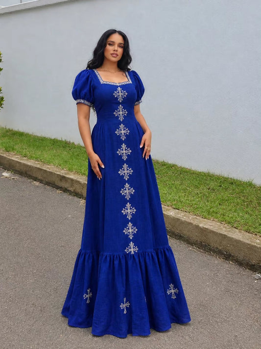 Order AI-Generated Habesha Kemis Online Royal Blue & Silver Ethiopian Traditional Dress   