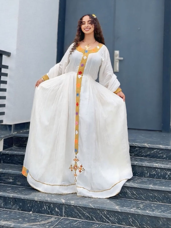 Royal Mustard Yellow & Gold Long-Sleeve Habesha Dress Central Cross Tapestry Column Ethiopian traditional dress 1329