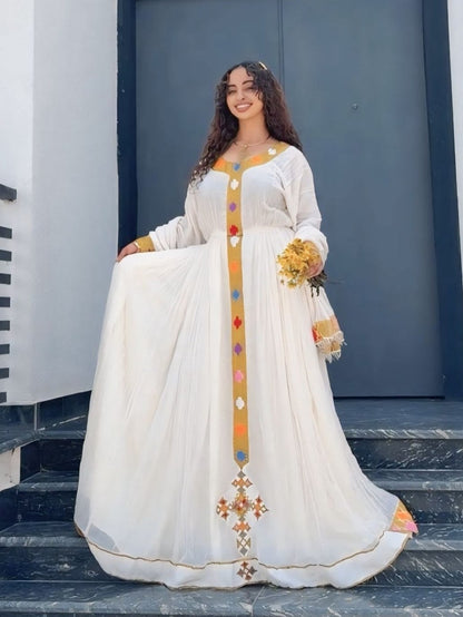 Mustard Yellow & Gold Embroidered Cultural Gown Beautiful Ethiopian Clothing 