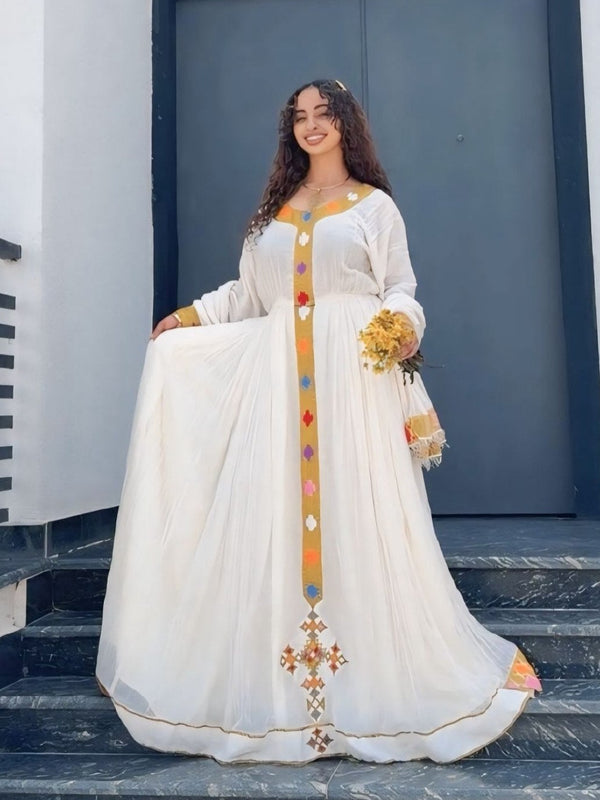 Mustard Yellow & Gold Embroidered Cultural Gown Beautiful Ethiopian Clothing 