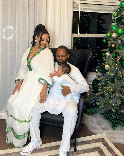 Habesha couple outfit Royal Emerald Green & Gold Embroidered Matching Couple Set Ethiopian traditional outfit 1325