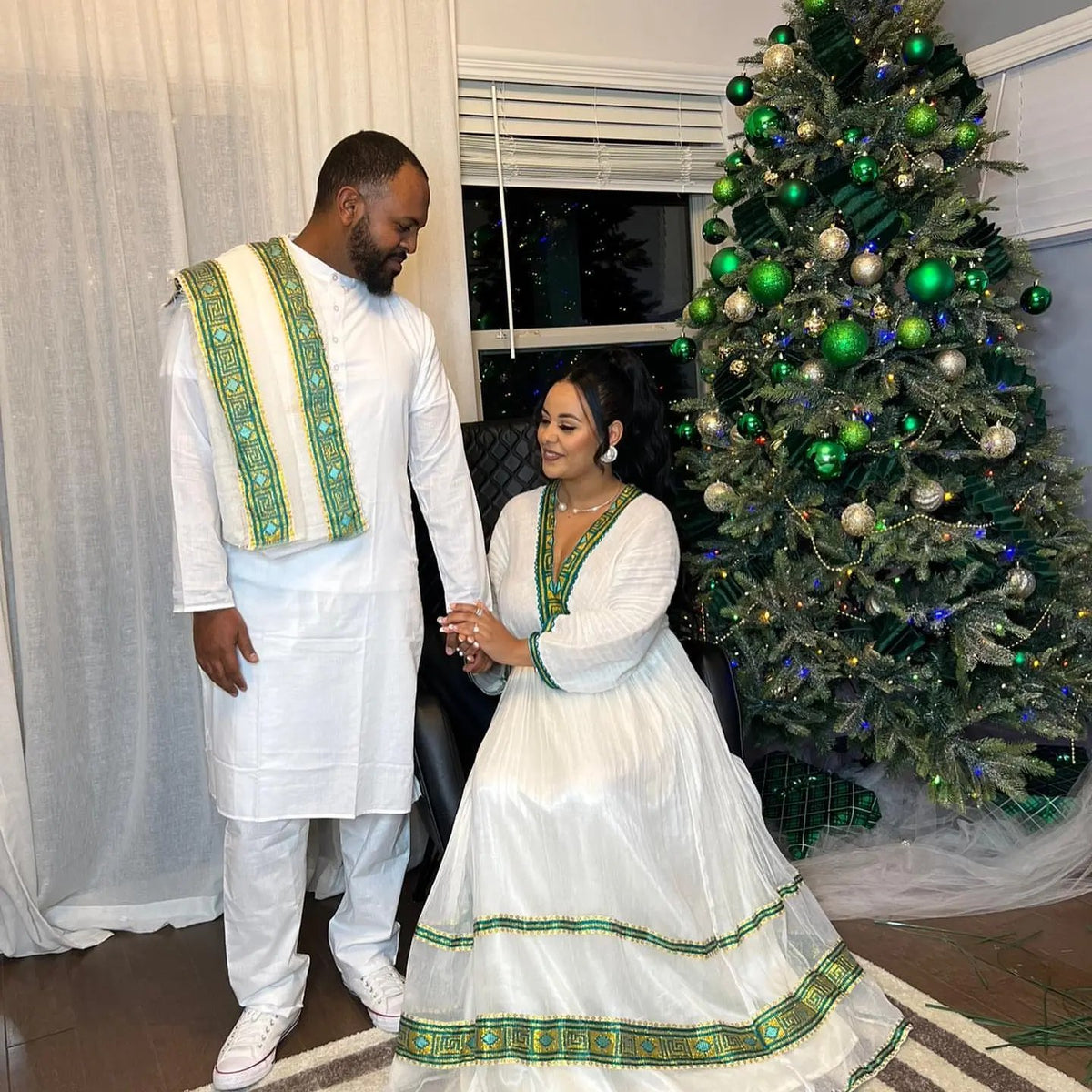 Habesha couple outfit Royal Emerald Green & Gold Embroidered Matching Couple Set Ethiopian traditional outfit 1325