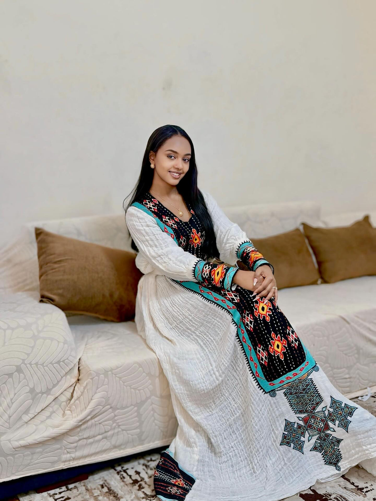 Black & Turquoise Geometric Embroidered Cultural Gown Ethiopian Tirtir Dress