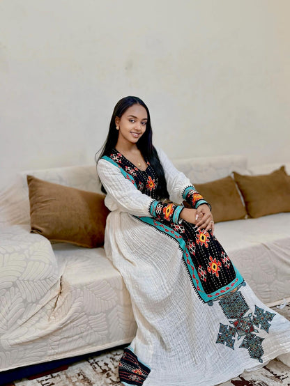 Black & Turquoise Geometric Embroidered Cultural Gown Ethiopian Tirtir Dress