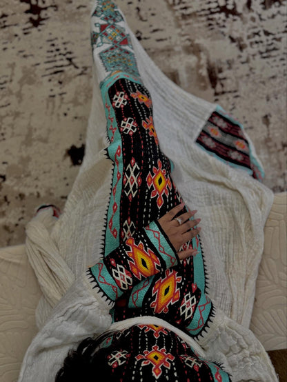 Ethiopian traditional dress Black, Turquoise & Amber Geometric Long-Sleeve Gown Central Cross Ethiopian dress 1326
