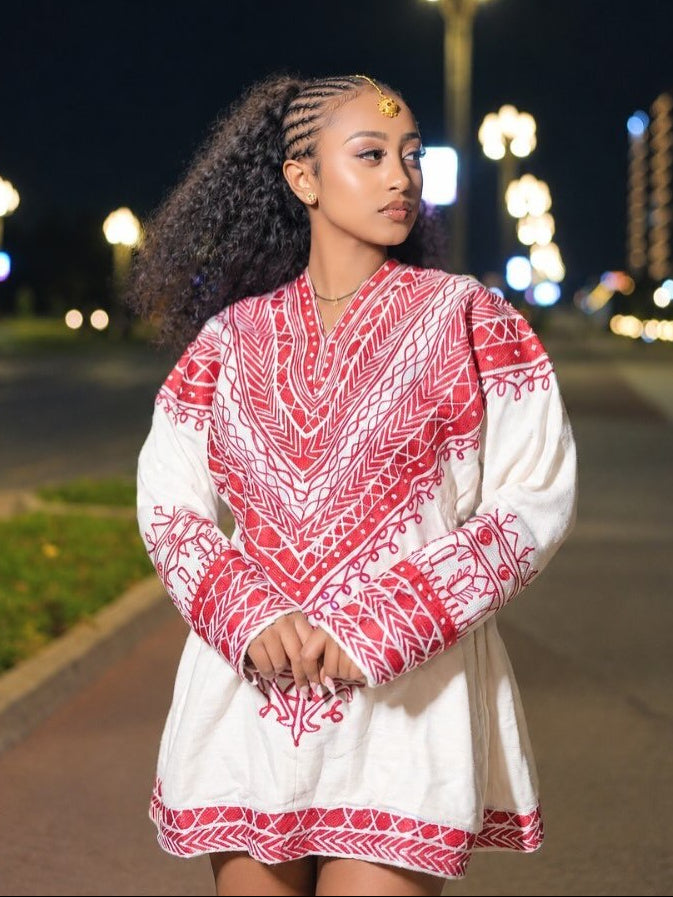 Ethiopian traditional dress Modern Red Embroidered Mini Dress V-Neck Bodice & Cross Motif Habesha Kemis 1327