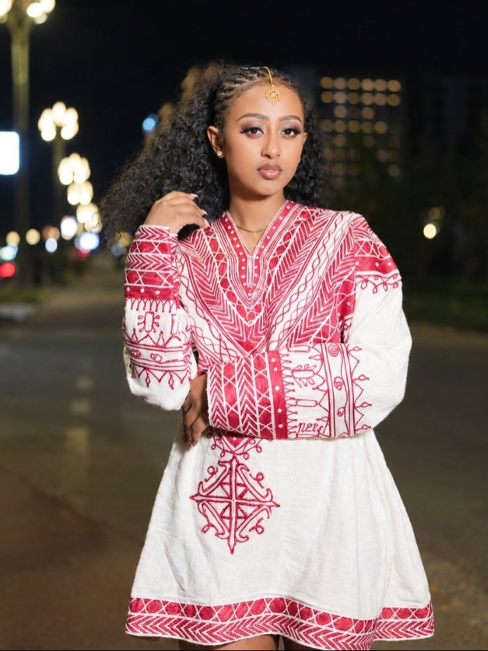 Ethiopian traditional dress Modern Red Embroidered Mini Dress V-Neck Bodice & Cross Motif Habesha Kemis 1327